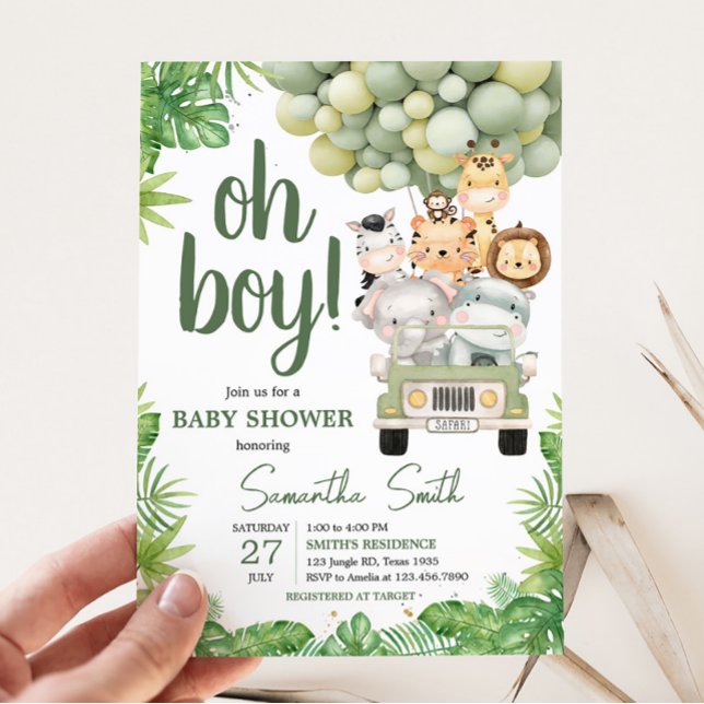 Convite Oh Boy Jungle Safari Chá de fraldas (Safari Truck Balloons Baby Shower Invitation)