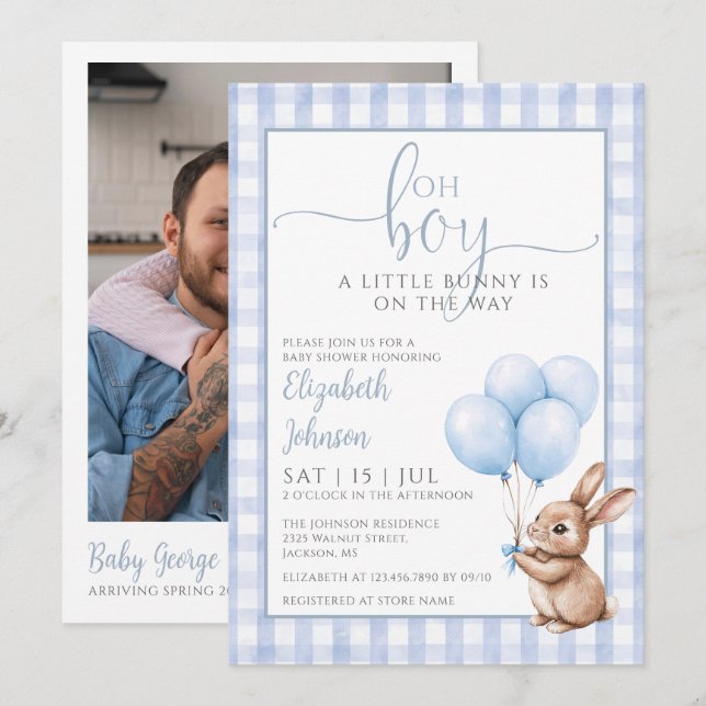Convite Oh Boy Little Bunny Baby Shower Photo QR Code (Frente/Verso)