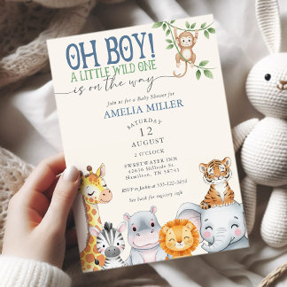 Convite Oh Boy Little Wild One Safari Animals Baby Shower