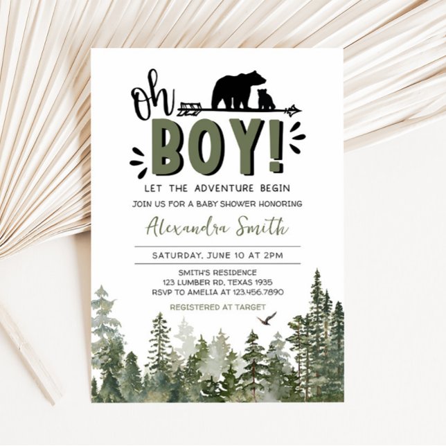 Convite Oh Boy Lumberjack Chá de fraldas (Rustic Pine Trees Baby Shower Invitation)