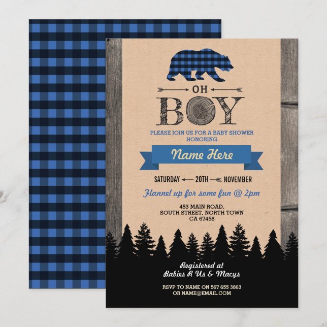 Convite Oh Boy Lumberjack Chá de fraldas Blue Bear Convide (Frente/Verso)