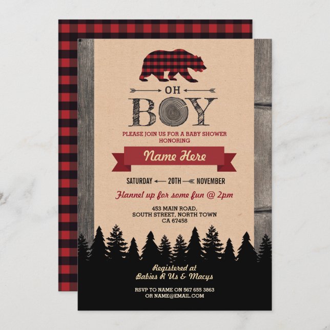 Convite Oh Boy Lumberjack Chá de fraldas Red Bear Convide (Frente/Verso)