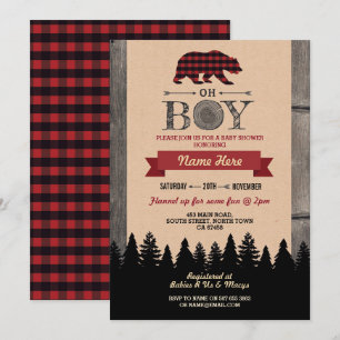 Convite Oh Boy Lumberjack Chá de fraldas Red Bear Convide