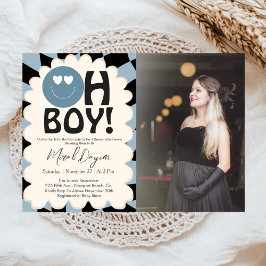 Convite Oh Boy! Modern Groovy Blue Happy Face Baby Shower