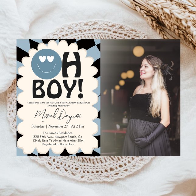 Convite Oh Boy! Modern Groovy Blue Happy Face Baby Shower (Criador carregado)