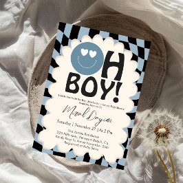 Convite Oh Boy! Modern Groovy Blue Happy Face Baby Shower