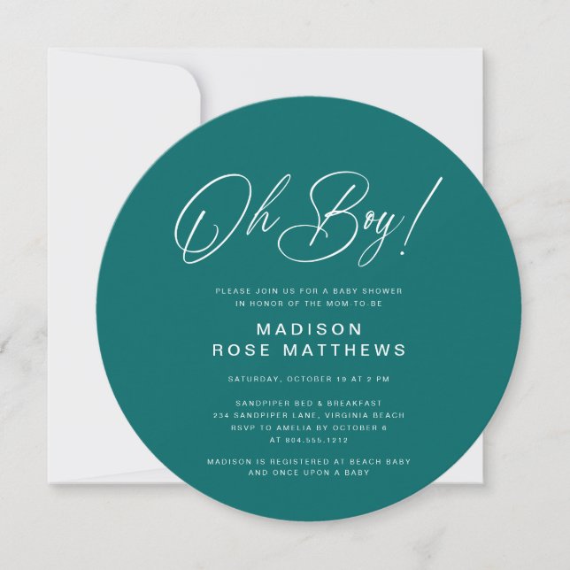 Convite Oh Boy Modern Round  Script Teal  Baby Shower   (Frente)