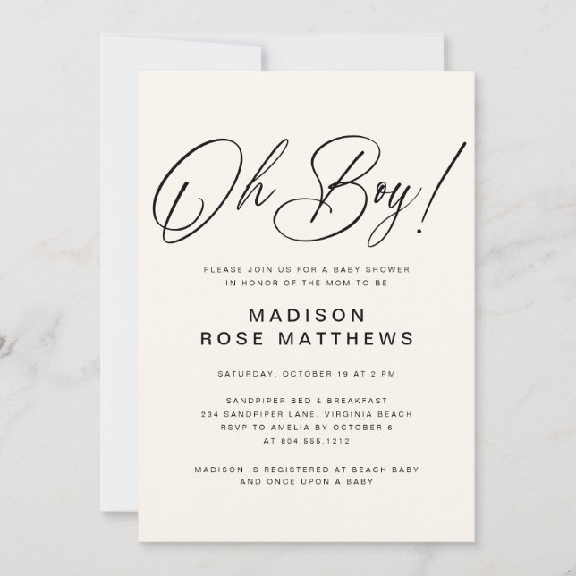 Convite Oh Boy Modern Script Dusty Blue Baby Shower  Invit (Frente)