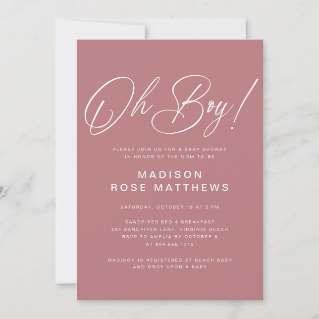 Convite Oh Boy Modern Script Dusty Rose Baby Shower  (Frente)