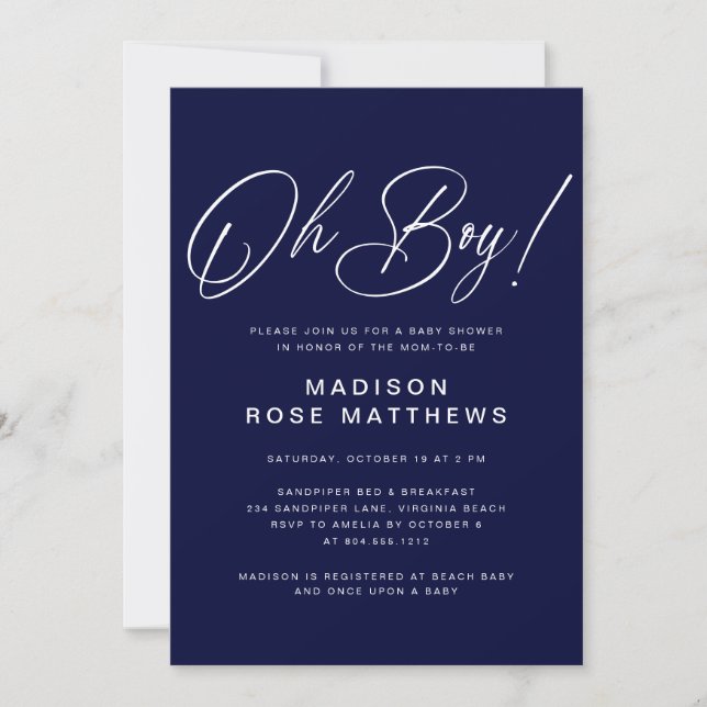 Convite Oh Boy Modern Script Navy Blue  Baby Shower  (Frente)