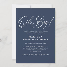 Convite Oh Boy Modern Script Navy Blue  Baby Shower  