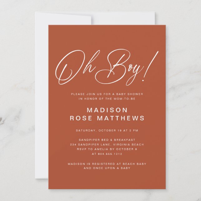 Convite Oh Boy Modern Script Rust   Baby Shower   (Frente)