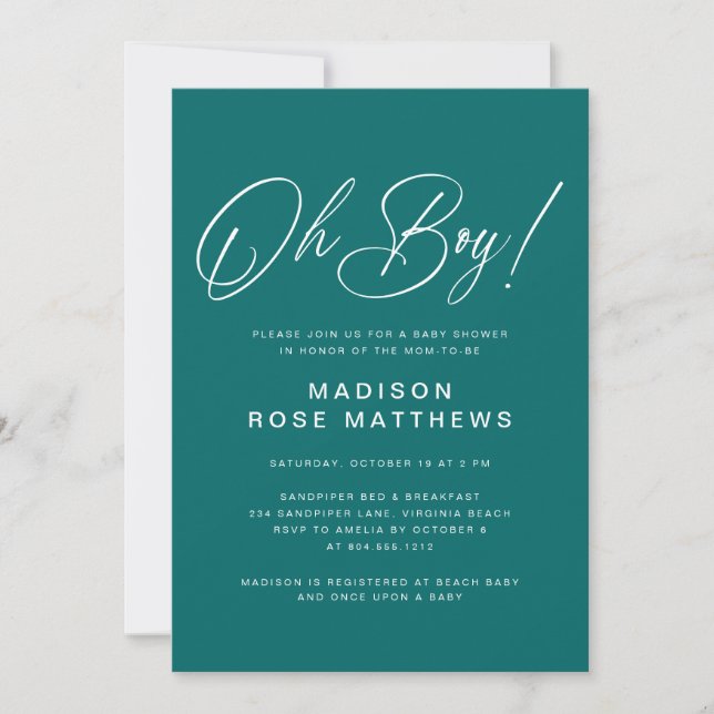 Convite Oh Boy Modern Script Teal  Baby Shower   (Frente)