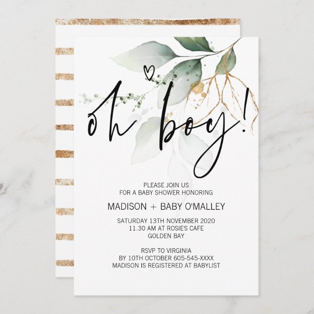 Convite Oh Boy Party Moderno Eucalyptus (Frente/Verso)
