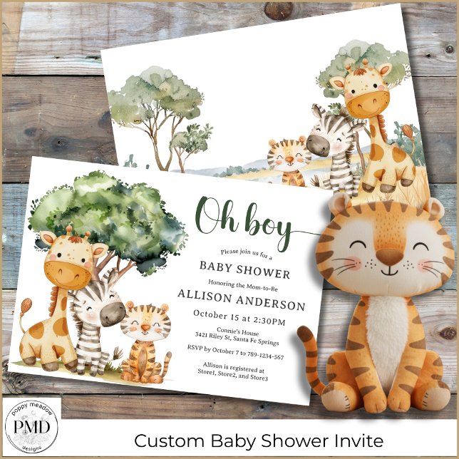 Convite Oh Boy Safari Animal Chá de fraldas (Oh Boy Safari Animal Watercolor Baby Shower Invitation with Giraffe, Zebra, Tiger, for mom or couple)