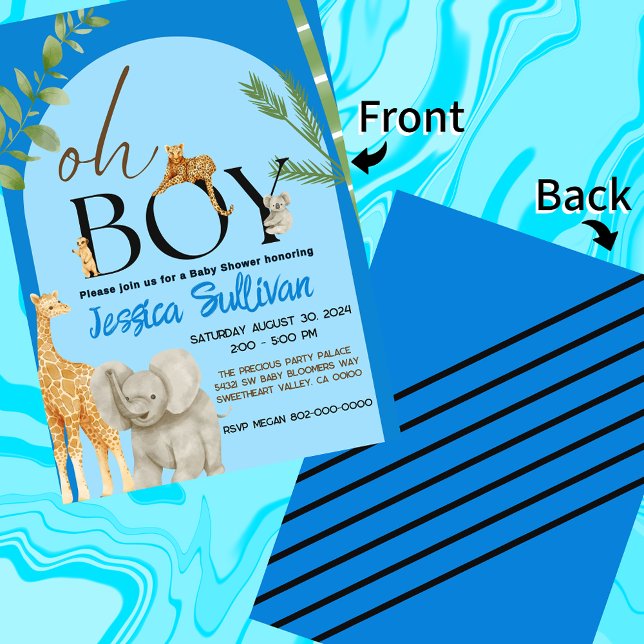 Convite Oh Boy Safari Shades Animais de Chá de fraldas Azu (Blue Safari Baby Shower Oh Boy Invite)