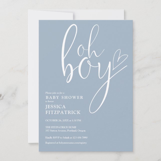 Convite Oh Boy Script Heart Dusty Blue Boy Baby Shower (Frente)