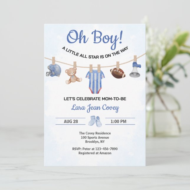 Convite Oh Boy Sports Baby Shower (Em pé/Frente)