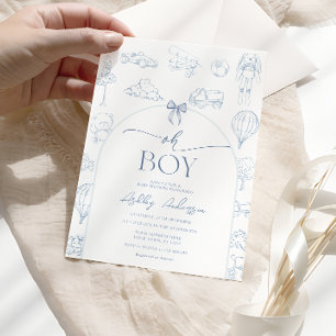Convite Oh Boy Toile De Jouy Berçário Azul Chá De Bebê 
