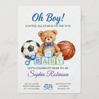 Convite  "Oh Boy" Watercolor  Baby Shower Invitation