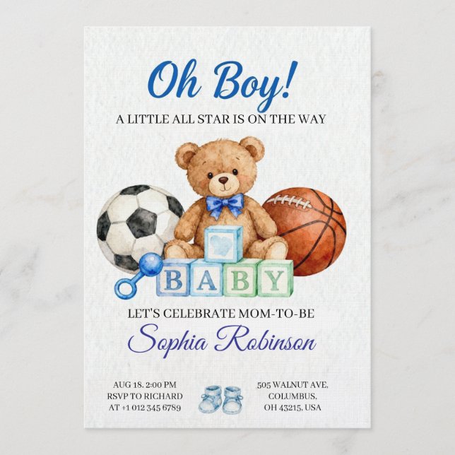 Convite  "Oh Boy" Watercolor  Baby Shower Invitation (Frente)