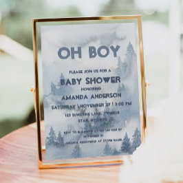 Convite Oh Boy Watercolor Dusty Blue Winter Forest Boy