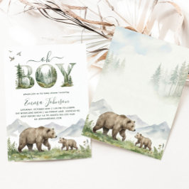Convite Oh Boy Watercolor Woodland Bear Baby Shower