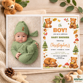 Convite Oh Boy Watercolor Woodland Bear Baby Shower