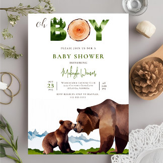 Convite Oh Boy Watercolor Woodland Bear Forest Chá de fral