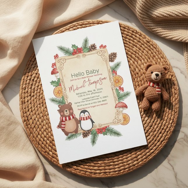 Convite Oh Boy Woodland Winter Baby Shower Invitation (Criador carregado)