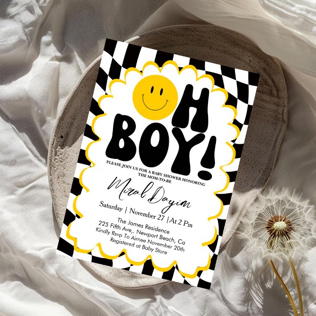 Convite Oh Boy! Yellow Checkered Happy Face Baby Shower (Criador carregado)