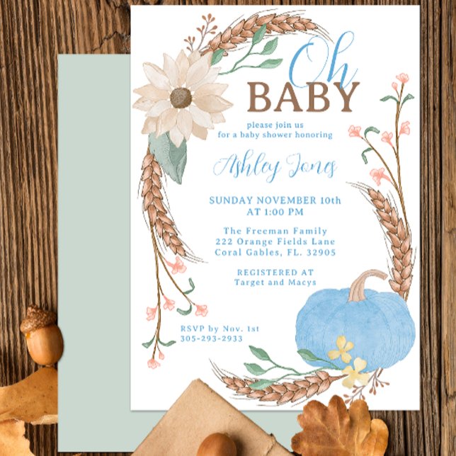 Convite Oh Chá de Abóbora Azul Bebê Convide (Blue Pumpkin Fall Pumpkin Baby Shower Invitation)