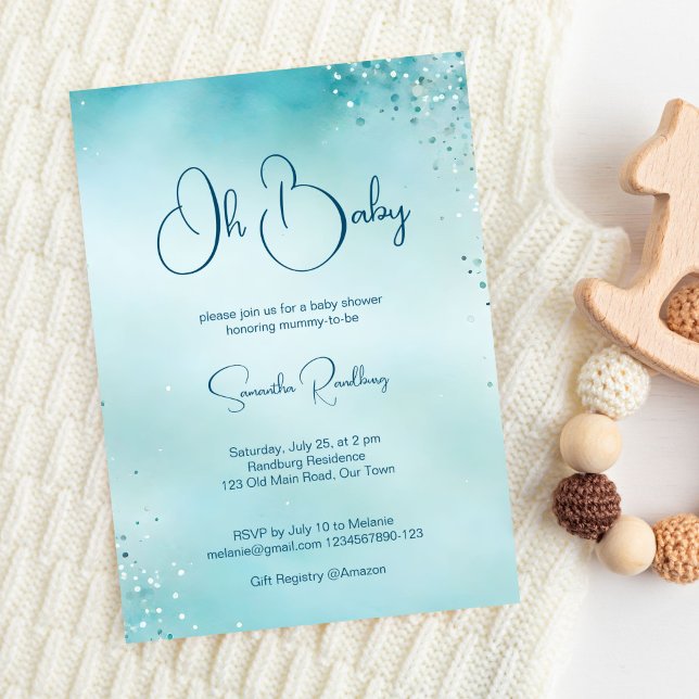 Convite Oh, chá de fraldas azul aqua de bebê (Oh baby cyan aqua blue baby shower invitation template digital download simple minimalist modern)
