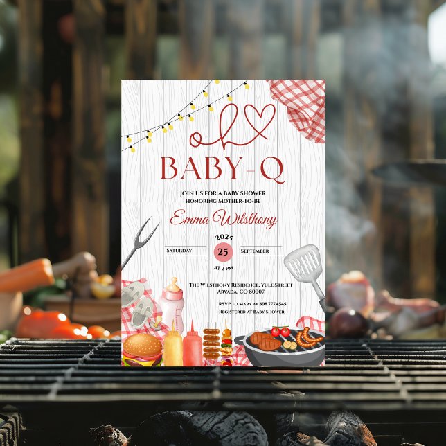 Convite Oh Chá de fraldas de Baby Q Rapariga CHURRASCO Rus (bottle pacifier red gingham check bbq baby shower invitations backyard plaid barbecue country out )