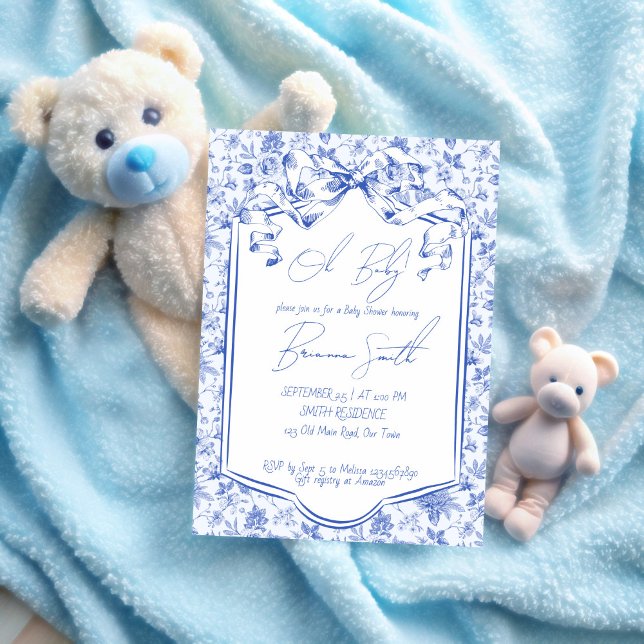 Convite Oh chá de fraldas de desenho de joy toile azul (Oh baby blue toile de jouy ribbon bow sketch baby shower invitation template)