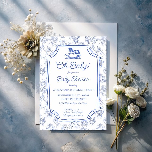 Convite Oh chá de fraldas de esboço azul-anelado (Oh baby dusty blue rocking horse vintage sketch toile de jouy baby shower invitation template)