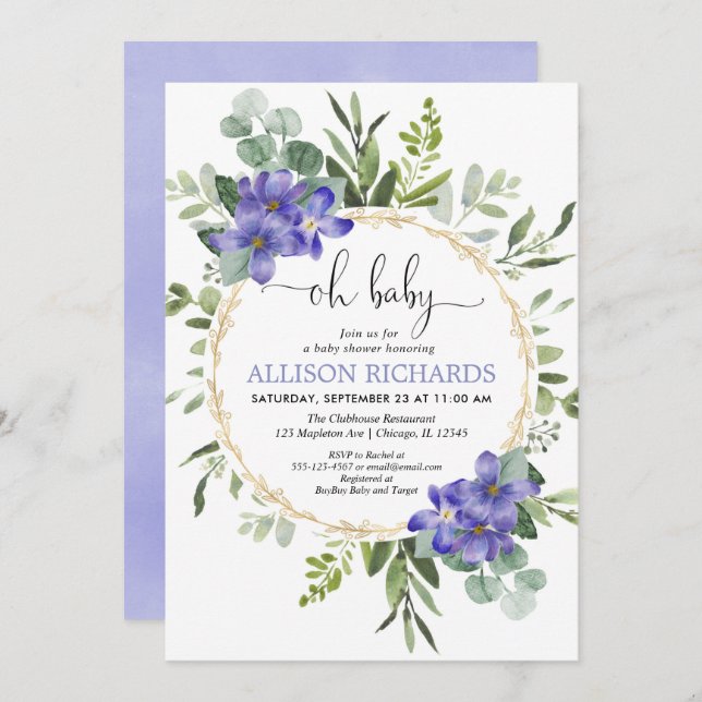 Convite Oh chá de fraldas de menina verde roxo (Frente/Verso)