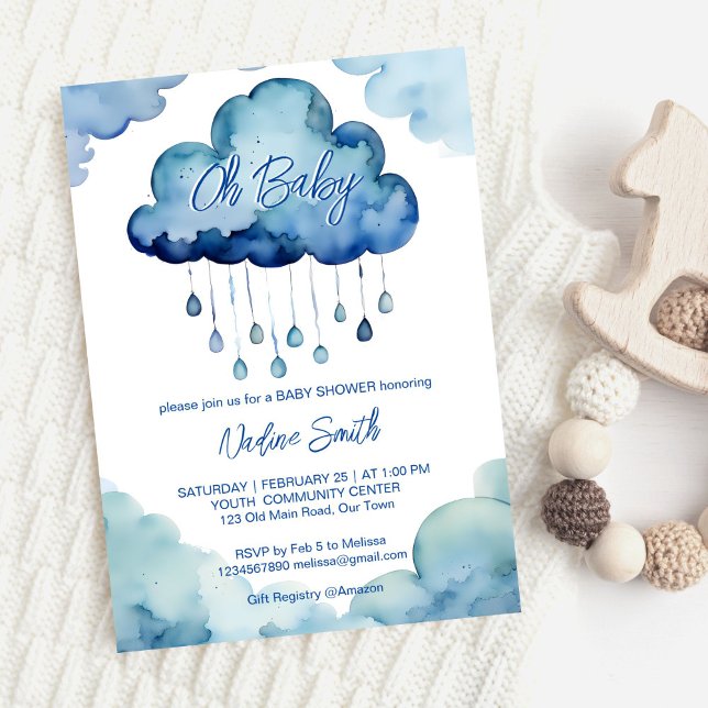 Convite Oh, chá de fraldas de nuvem bebê (Oh Baby cloud baby shower template invitation digital download cute blue clouds raindrops whimsical)