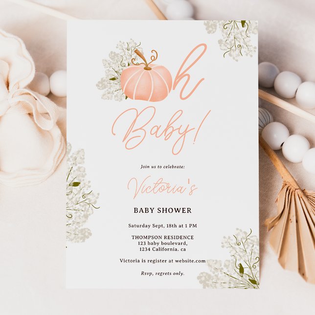 Convite Oh chá de fraldas floral de abóbora rosa-bebê (Oh Baby pink pumpkin floral girl baby shower Invitation)