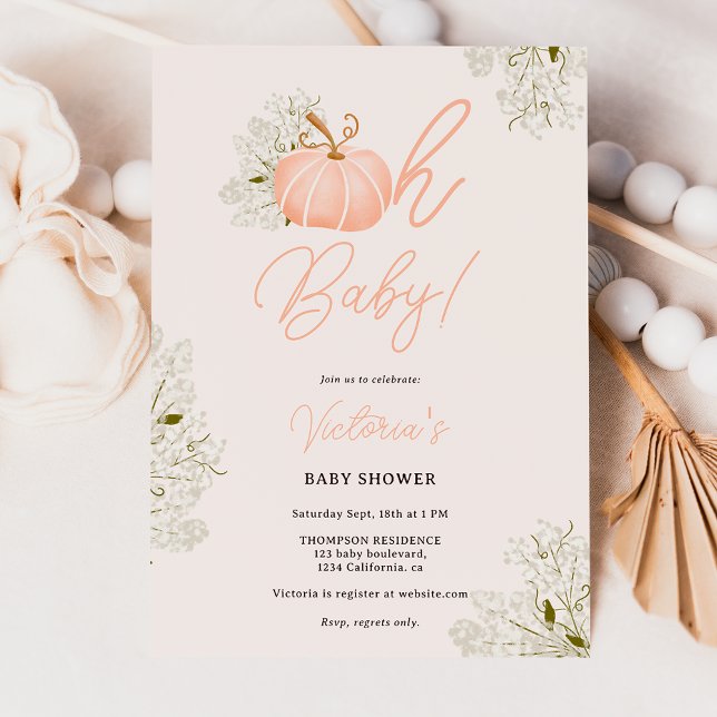 Convite Oh chá de fraldas floral de abóbora rosa-bebê (Oh Baby pink pumpkin floral girl baby shower Invitation)