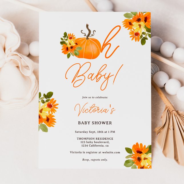 Convite Oh chá de fraldas floral neutro de abóbora de lara (Oh Baby orange pumpkin floral neutral baby shower Invitation)