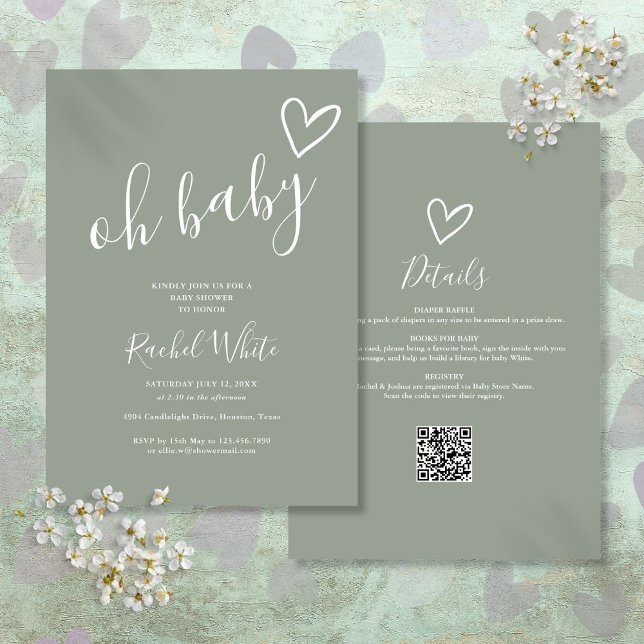 Convite Oh Chá de fraldas Tudo Em Um Sábio Neutro Verde (Oh Baby Shower All In One Neutral Sage Green Invitation)