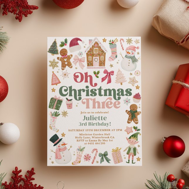 Convite Oh Christmas Three 3rd Birthday Xmas theme Festive (Oh Christmas Three! Christmas themed 3rd birthday party Kids party)