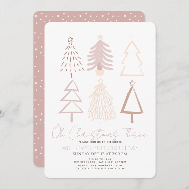 Convite Oh Christmas Three Boho Pink Trees 3rd Birthday (Frente/Verso)