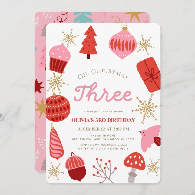 Convite Oh Christmas Three Christmas Pink 3rd Birthday (Frente/Verso)