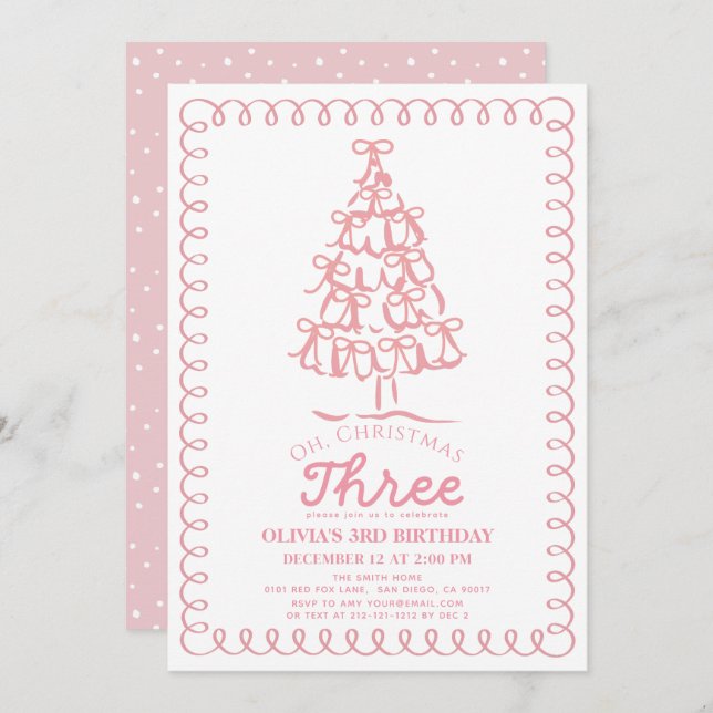 Convite Oh Christmas Three Pink Bow Tree 3rd Birthday (Frente/Verso)