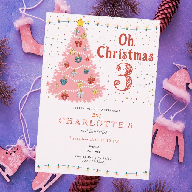 Convite Oh Christmas Three Pink Girl 3rd Birthday (Oh Christmas Three Pink Girl 3rd Birthday Invitation)
