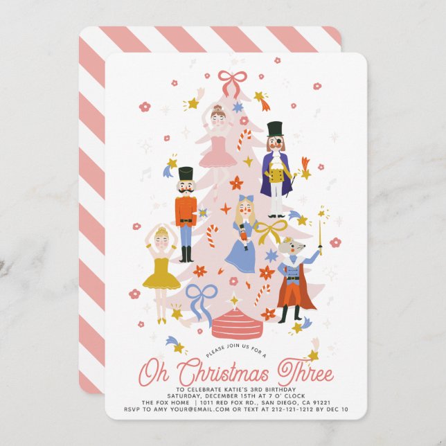 Convite Oh Christmas Three Pink Nutcracker Girl Birthday (Frente/Verso)