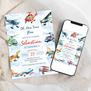 Convite Oh Como o Tempo Voaa Piloto de Avião Aniversário d