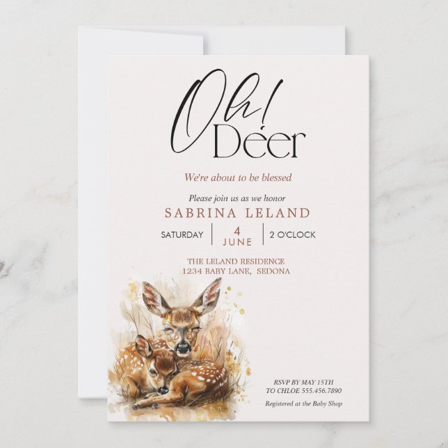 Convite Oh Deer! Aquarela de um filhote e uma corça no Chá (Frente)